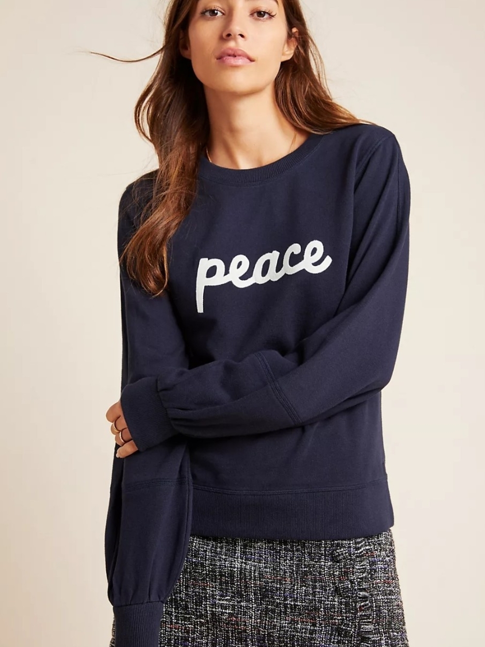 Anthropologie Navy 'Peace' Script Crewneck Sweater